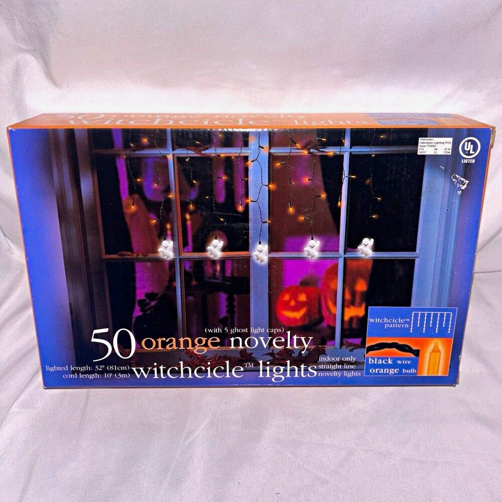 Witchcicle Ghost Halloween String Lights 50 Orange Black Cord Plug-In